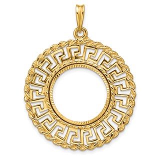 Wideband Distinguished Coin Jewelry 14k Polished and Diamond-cut Greek Key with Rope Border 17.8mm Prong Coin Bezel Pendant