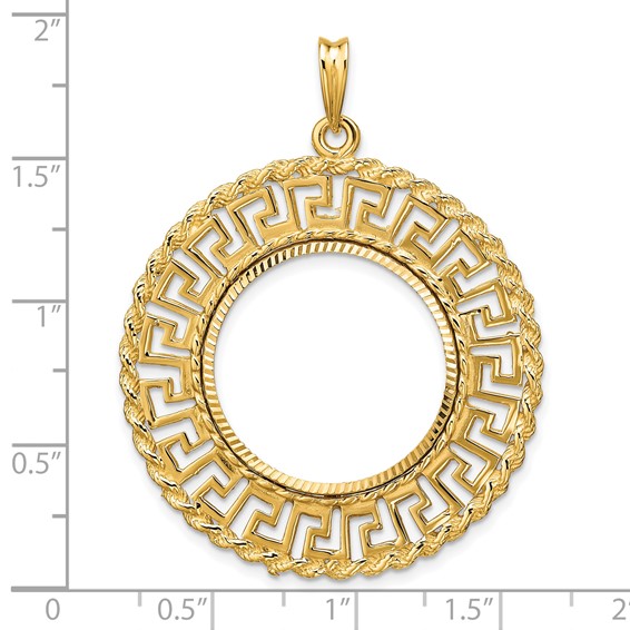 Wideband Distinguished Coin Jewelry 14k Polished and Diamond-cut Greek Key with Rope Border 21.6mm Prong Coin Bezel Pendant