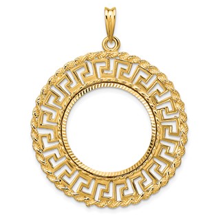 Wideband Distinguished Coin Jewelry 14k Polished and Diamond-cut Greek Key with Rope Border 21.6mm Prong Coin Bezel Pendant
