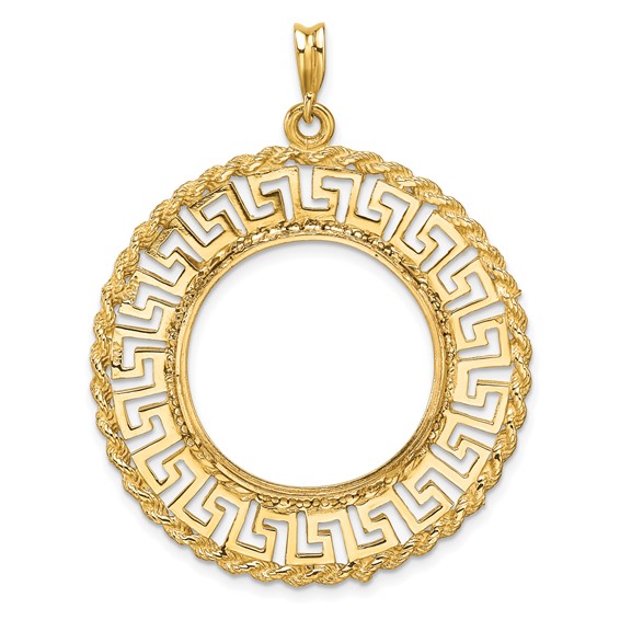 Wideband Distinguished Coin Jewelry 14k Polished and Diamond-cut Greek Key with Rope Border 22.0mm Prong Coin Bezel Pendant