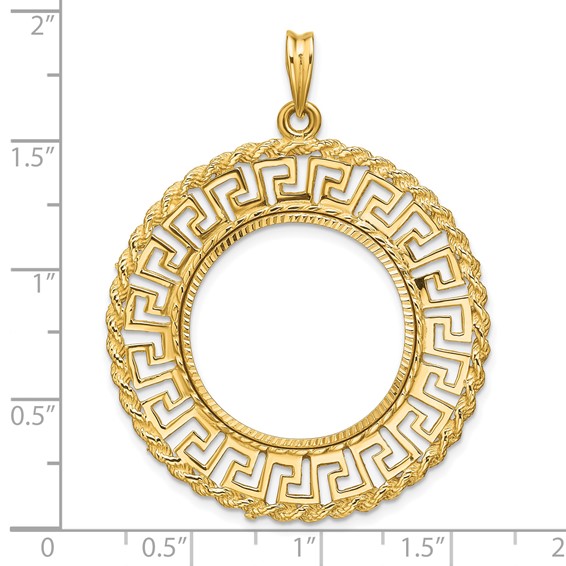 Wideband Distinguished Coin Jewelry 14k Polished and Diamond-cut Greek Key with Rope Border 22.0mm Prong Coin Bezel Pendant
