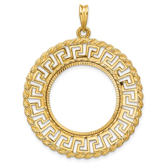 Wideband Distinguished Coin Jewelry 14k Polished and Diamond-cut Greek Key with Rope Border 22.0mm Prong Coin Bezel Pendant