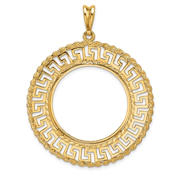 Wideband Distinguished Coin Jewelry 14k Polished and Diamond-cut Greek Key with Rope Border 27.0mm Prong Coin Bezel Pendant
