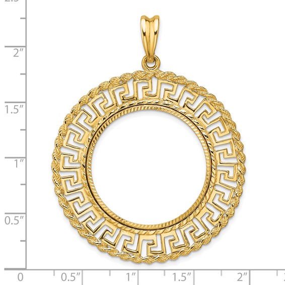 Wideband Distinguished Coin Jewelry 14k Polished and Diamond-cut Greek Key with Rope Border 27.0mm Prong Coin Bezel Pendant