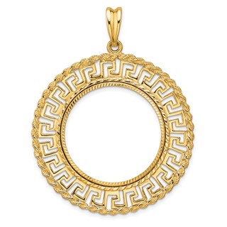 Wideband Distinguished Coin Jewelry 14k Polished and Diamond-cut Greek Key with Rope Border 27.0mm Prong Coin Bezel Pendant