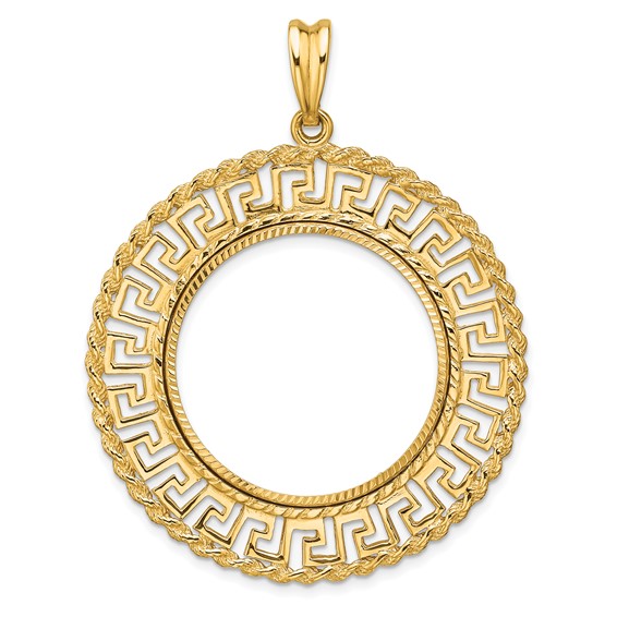 Wideband Distinguished Coin Jewelry 14k Polished and Diamond-cut Greek Key with Rope Border 27.0mm Prong Coin Bezel Pendant