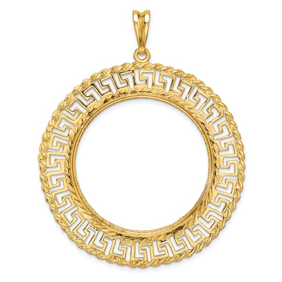 Wideband Distinguished Coin Jewelry 14k Polished and Diamond-cut Greek Key with Rope Border 32.7mm Prong Coin Bezel Pendant