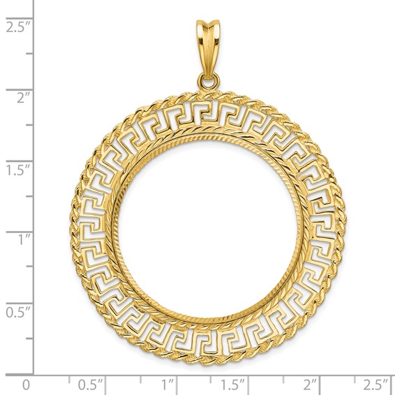 Wideband Distinguished Coin Jewelry 14k Polished and Diamond-cut Greek Key with Rope Border 32.7mm Prong Coin Bezel Pendant
