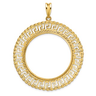Wideband Distinguished Coin Jewelry 14k Polished and Diamond-cut Greek Key with Rope Border 32.7mm Prong Coin Bezel Pendant