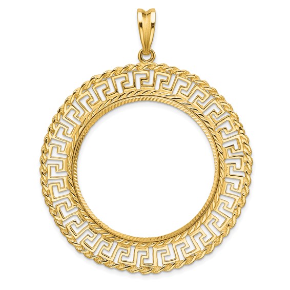 Wideband Distinguished Coin Jewelry 14k Polished and Diamond-cut Greek Key with Rope Border 32.7mm Prong Coin Bezel Pendant