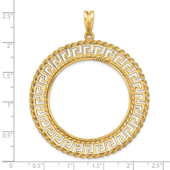 Wideband Distinguished Coin Jewelry 14k Polished and Diamond-cut Greek Key with Rope Border 34.2mm Prong Coin Bezel Pendant