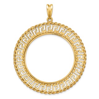 Wideband Distinguished Coin Jewelry 14k Polished and Diamond-cut Greek Key with Rope Border 34.2mm Prong Coin Bezel Pendant