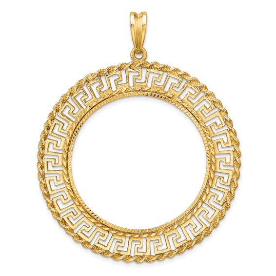 Wideband Distinguished Coin Jewelry 14k Polished and Diamond-cut Greek Key with Rope Border 34.2mm Prong Coin Bezel Pendant