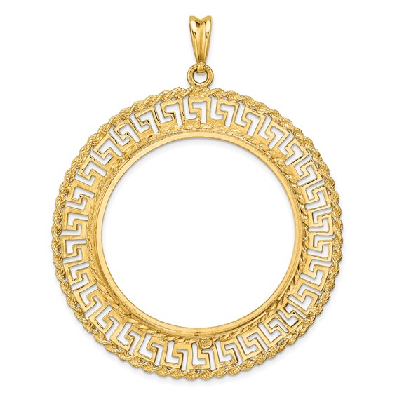 Wideband Distinguished Coin Jewelry 14k Polished and Diamond-cut Greek Key with Rope Border 37.0mm Prong Coin Bezel Pendant