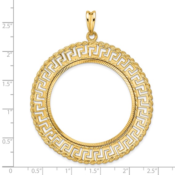 Wideband Distinguished Coin Jewelry 14k Polished and Diamond-cut Greek Key with Rope Border 37.0mm Prong Coin Bezel Pendant