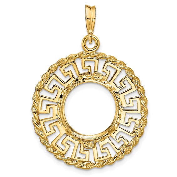 14ky Greek Key with Rope Border Prong Coin Bezel Pendant                