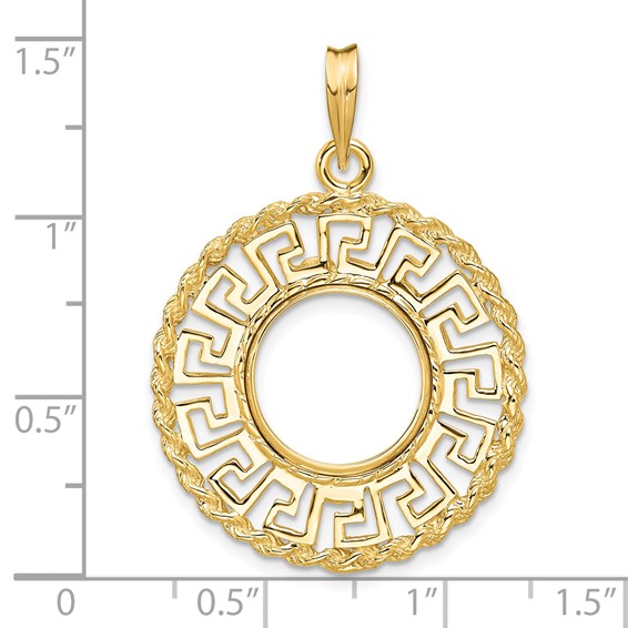14ky Greek Key with Rope Border Prong Coin Bezel Pendant                