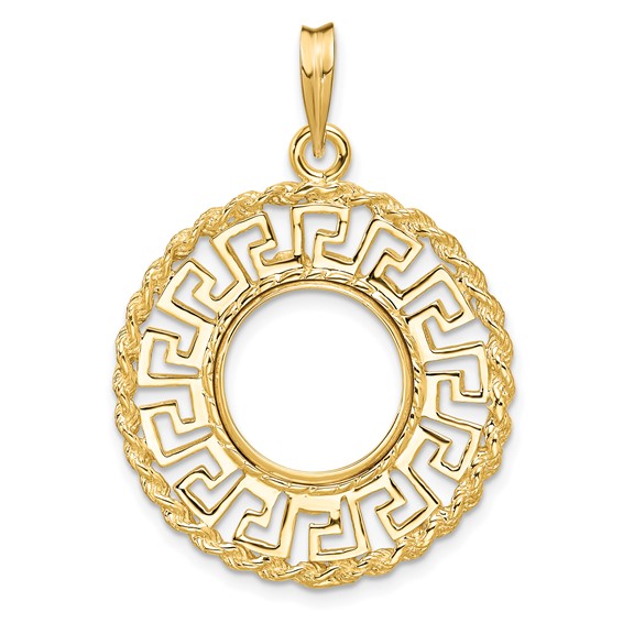 14ky Greek Key with Rope Border Prong Coin Bezel Pendant                
