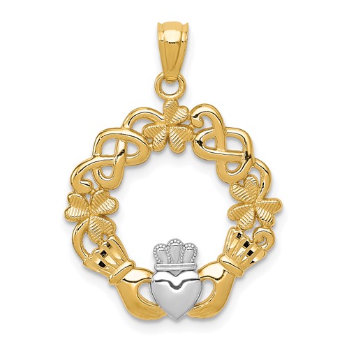 14K and White Rhodium Claddagh Pendant