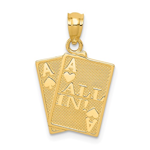 14K Yellow Gold Ace of Hearts and Ace of Spades All In! Cards Pendant
