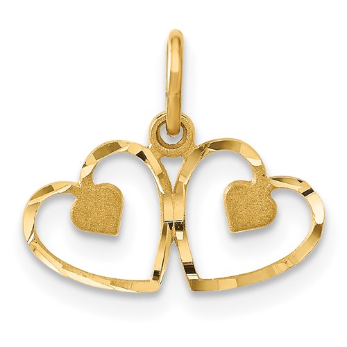 14K Yellow Gold Satin and Diamond-cut Two Hearts Charm