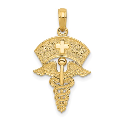 14K Yellow Gold Caduceus Pendant with Nurses Cap