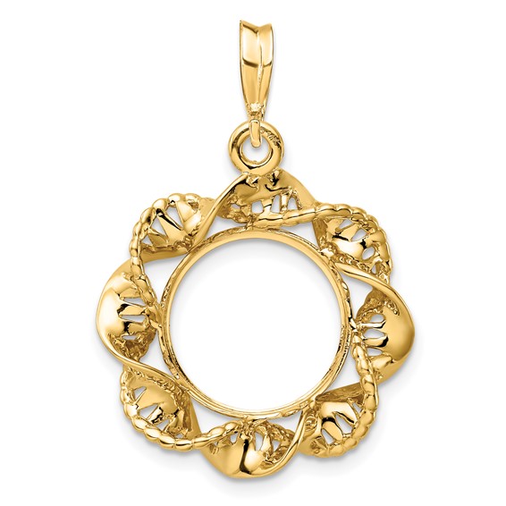 14ky Fancy Twisted Ribbon Prong Coin Bezel Pendant                    