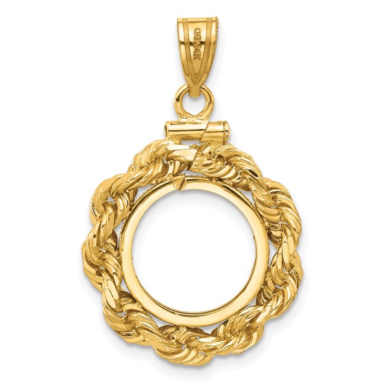 Wideband Distinguished Coin Jewelry 14k Polished Rope and Diamond-cut 13.0mm x 1.1mm Screw Top Coin Bezel Pendant