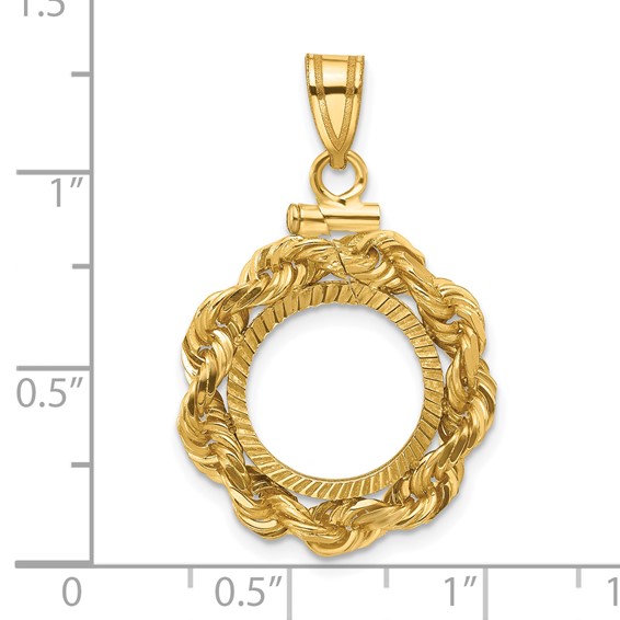 Wideband Distinguished Coin Jewelry 14k Polished Rope and Diamond-cut 13.0mm x 1.1mm Screw Top Coin Bezel Pendant