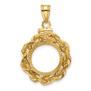 Wideband Distinguished Coin Jewelry 14k Polished Rope and Diamond-cut 13.0mm x 1.1mm Screw Top Coin Bezel Pendant