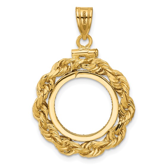 Wideband Distinguished Coin Jewelry 14k Polished Rope and Diamond-cut 15.0mm x 0.8mm Screw Top Coin Bezel Pendant
