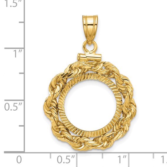 Wideband Distinguished Coin Jewelry 14k Polished Rope and Diamond-cut 15.0mm x 0.8mm Screw Top Coin Bezel Pendant