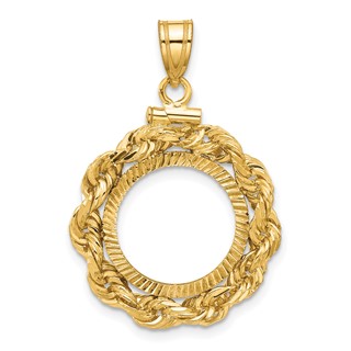 Wideband Distinguished Coin Jewelry 14k Polished Rope and Diamond-cut 15.0mm x 0.8mm Screw Top Coin Bezel Pendant