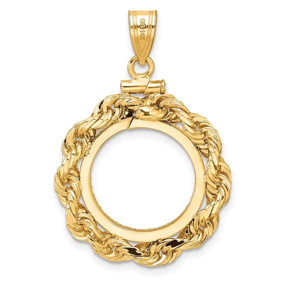Wideband Distinguished Coin Jewelry 14k Polished Rope and Diamond-cut 16.0mm x 1.35mm Screw Top Coin Bezel Pendant