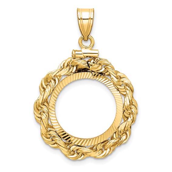 Wideband Distinguished Coin Jewelry 14k Polished Rope and Diamond-cut 16.0mm x 1.35mm Screw Top Coin Bezel Pendant
