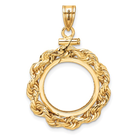 Wideband Distinguished Coin Jewelry 14k Polished Rope and Diamond-cut 16.5mm x 1.35mm Screw Top Coin Bezel Pendant