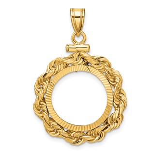 Wideband Distinguished Coin Jewelry 14k Polished Rope and Diamond-cut 16.5mm x 1.35mm Screw Top Coin Bezel Pendant