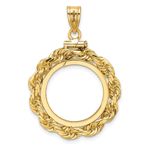 Wideband Distinguished Coin Jewelry 14k Polished Rope and Diamond-cut 17.8mm x 1.35mm Screw Top Coin Bezel Pendant