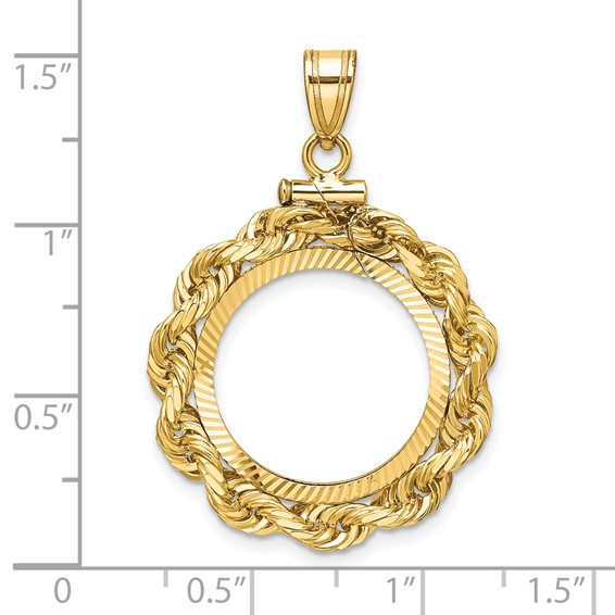 Wideband Distinguished Coin Jewelry 14k Polished Rope and Diamond-cut 17.8mm x 1.35mm Screw Top Coin Bezel Pendant