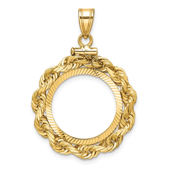 Wideband Distinguished Coin Jewelry 14k Polished Rope and Diamond-cut 17.8mm x 1.35mm Screw Top Coin Bezel Pendant