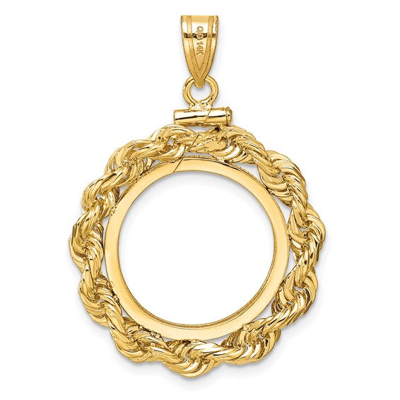 Wideband Distinguished Coin Jewelry 14k Polished Rope and Diamond-cut 18.0mm x 1.35mm Screw Top Coin Bezel Pendant
