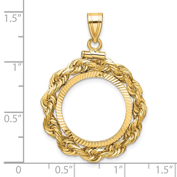 Wideband Distinguished Coin Jewelry 14k Polished Rope and Diamond-cut 18.0mm x 1.35mm Screw Top Coin Bezel Pendant
