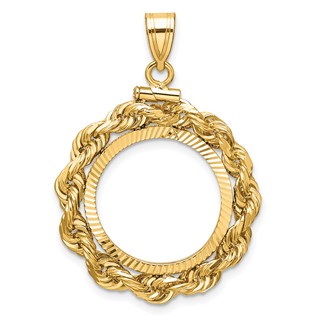Wideband Distinguished Coin Jewelry 14k Polished Rope and Diamond-cut 18.0mm x 1.35mm Screw Top Coin Bezel Pendant