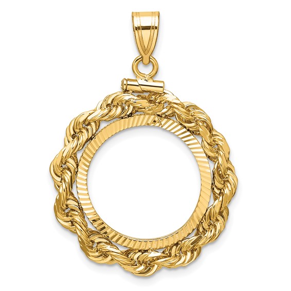 Wideband Distinguished Coin Jewelry 14k Polished Rope and Diamond-cut 18.0mm x 1.35mm Screw Top Coin Bezel Pendant
