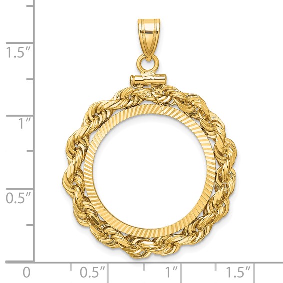 Wideband Distinguished Coin Jewelry 14k Polished Rope and Diamond-cut 21.6mm x 1.7mmScrew Top Coin Bezel Pendant