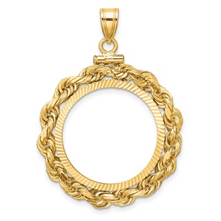 Wideband Distinguished Coin Jewelry 14k Polished Rope and Diamond-cut 21.6mm x 1.7mmScrew Top Coin Bezel Pendant