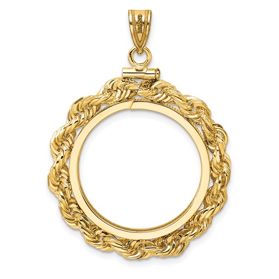 Wideband Distinguished Coin Jewelry 14k Polished Rope and Diamond-cut 22.0mm x 1.9mm Screw Top Coin Bezel Pendant