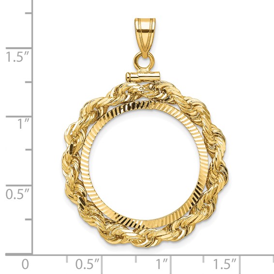 Wideband Distinguished Coin Jewelry 14k Polished Rope and Diamond-cut 22.0mm x 1.9mm Screw Top Coin Bezel Pendant