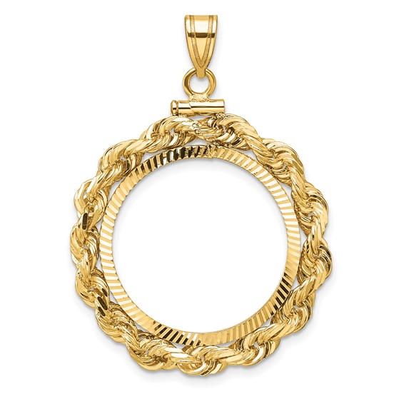 Wideband Distinguished Coin Jewelry 14k Polished Rope and Diamond-cut 22.0mm x 1.9mm Screw Top Coin Bezel Pendant