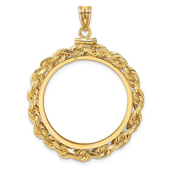 Wideband Distinguished Coin Jewelry 14k Polished Rope and Diamond-cut 27.0mm x 2.35mm Screw Top Coin Bezel Pendant